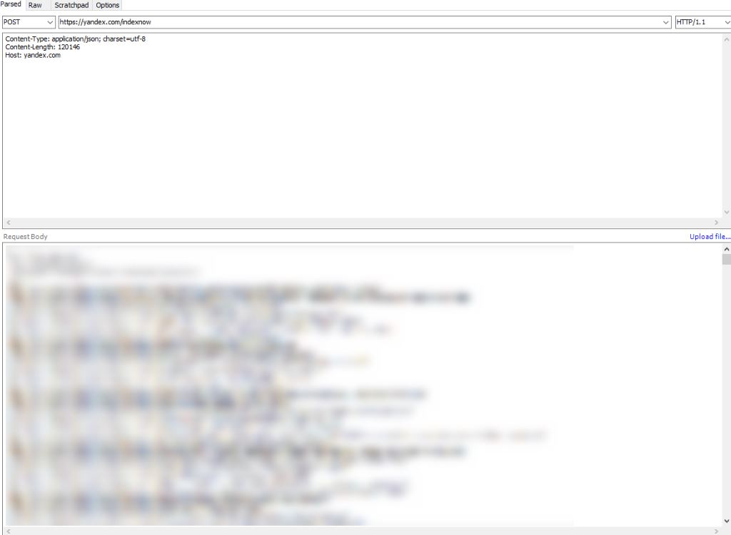 POST-запрос к API IndexNow (yandex.com/indexnow) для массового уведомления Яндекса об изменениях на страницах с noindex